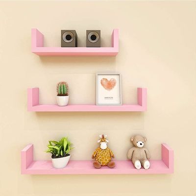 Prateleiras de parede rosa de madeira pintada em forma de U ajustáveis Set de 3 para banheiro sala de estar