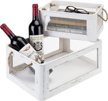 Caixa de armazenamento de madeira branca multifuncional vintage com alças e painéis laterais de fio de malha