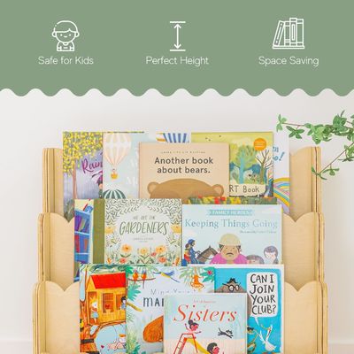 Estante de parede de madeira Decoração 3 camadas Montessori estante de livros para crianças na altura perfeita