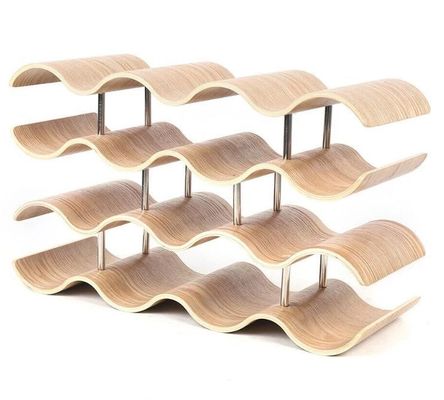 4 camadas de prateleira de madeira maciça personalizada para fácil instalação de armazenamento de garrafas de vinho de onda de madeira