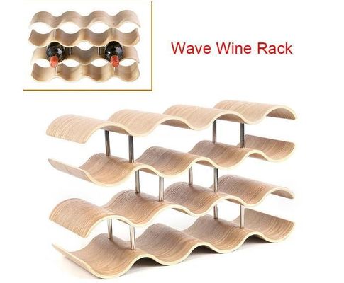4 camadas de prateleira de madeira maciça personalizada para fácil instalação de armazenamento de garrafas de vinho de onda de madeira
