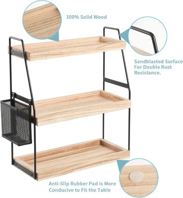 Armazenamento de cosméticos organizador de vaidade prateleira de balcão de 3 camadas com bandeja de madeira de cesta