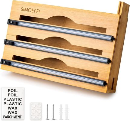 Slide Cutter Kitchen Drawer Organizer Bambú 3 em 1 Folha e plástico Dispensador Cling Wrap