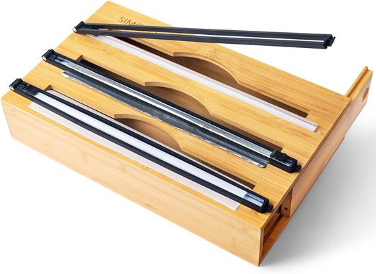 Slide Cutter Kitchen Drawer Organizer Bambú 3 em 1 Folha e plástico Dispensador Cling Wrap