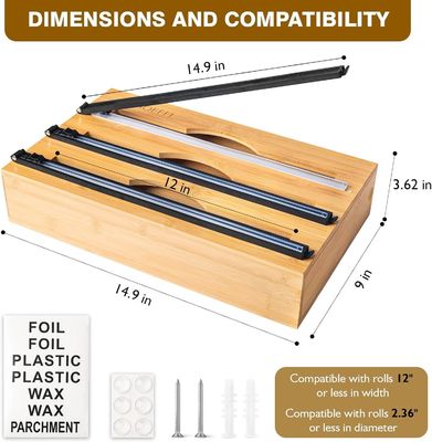 Slide Cutter Kitchen Drawer Organizer Bambú 3 em 1 Folha e plástico Dispensador Cling Wrap