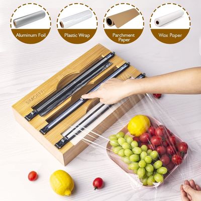 Slide Cutter Kitchen Drawer Organizer Bambú 3 em 1 Folha e plástico Dispensador Cling Wrap