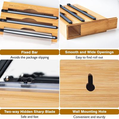 Slide Cutter Kitchen Drawer Organizer Bambú 3 em 1 Folha e plástico Dispensador Cling Wrap