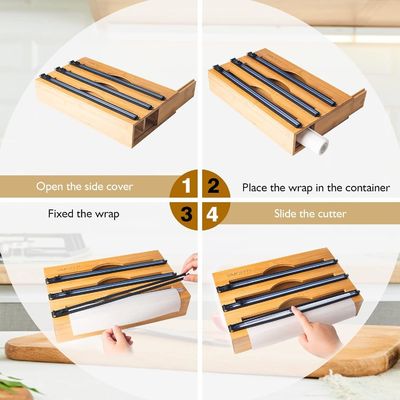 Slide Cutter Kitchen Drawer Organizer Bambú 3 em 1 Folha e plástico Dispensador Cling Wrap