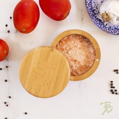 Caixa de armazenamento de adega de sal de bambu multifuncional com tampa magnética feita à mão