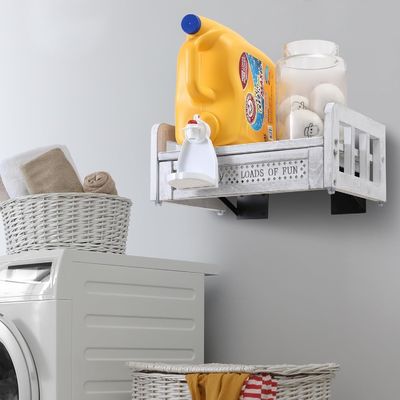 Transforme a sua lavanderia com este porta e prateleira de detergente de madeira montada na parede