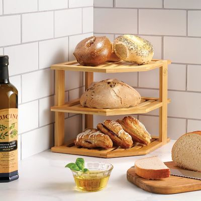 Organizador de prateleiras de madeira de cozinha para armazenamento Economiza espaço Organizador de canto de madeira