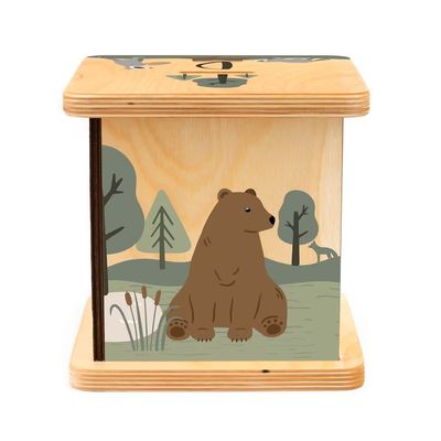 Banco de Porco de Madeira em cor simples com desenho de animais de floresta personalizável