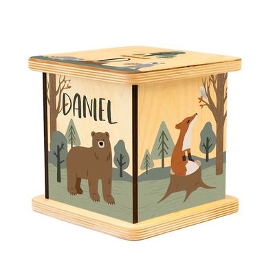 Banco de Porco de Madeira em cor simples com desenho de animais de floresta personalizável