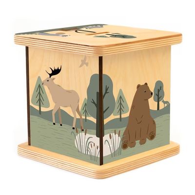 Banco de Porco de Madeira em cor simples com desenho de animais de floresta personalizável