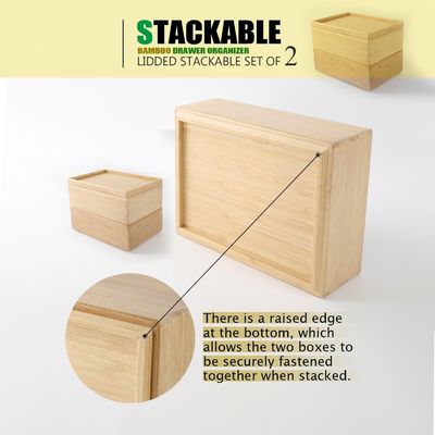 Pacote de presente conjunto de 2 10.2X7.3 polegadas empilhável caixote de bambu organizador caixa de armazenamento laminado bandeja