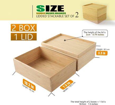Pacote de presente conjunto de 2 10.2X7.3 polegadas empilhável caixote de bambu organizador caixa de armazenamento laminado bandeja