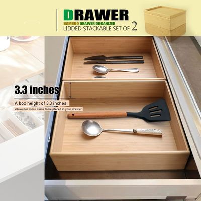 Pacote de presente conjunto de 2 10.2X7.3 polegadas empilhável caixote de bambu organizador caixa de armazenamento laminado bandeja