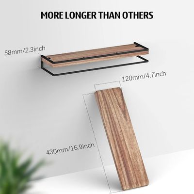 Conjunto moderno de 2 prateleiras flutuantes rústicas de armazenamento de quarto montado na parede com design de madeira