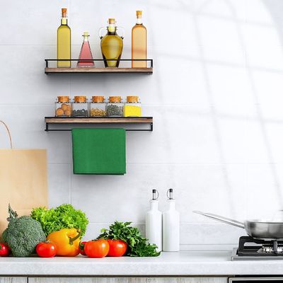 Conjunto moderno de 2 prateleiras flutuantes rústicas de armazenamento de quarto montado na parede com design de madeira