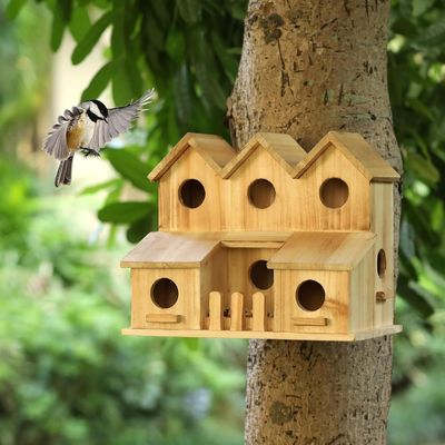 Casa de pássaros de madeira feita à mão com 8 buracos estilo tampa deslizante cor de madeira de bétula inacabada