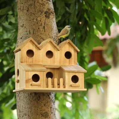 Casa de pássaros de madeira feita à mão com 8 buracos estilo tampa deslizante cor de madeira de bétula inacabada