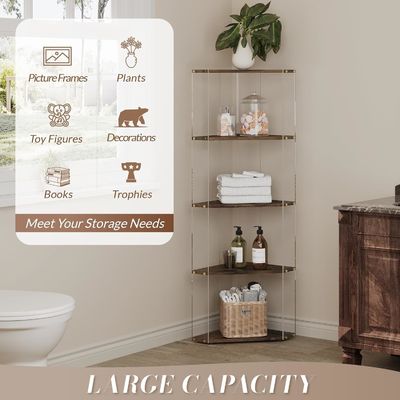 Estante de armazenamento multiuso com estantes de exibição de canto acrílico e de madeira