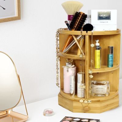 202407 Prateleiras e gavetas ajustáveis Bambus Organizador de maquiagem giratório Itens domésticos