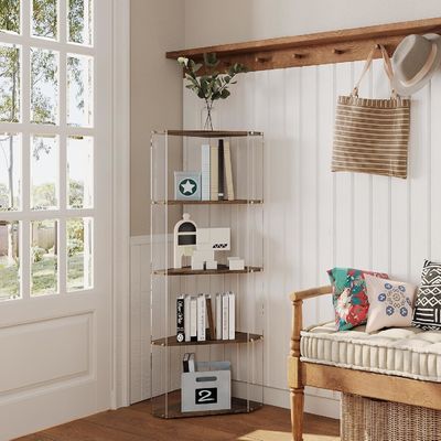 Estante de armazenamento multiuso com estantes de exibição de canto acrílico e de madeira