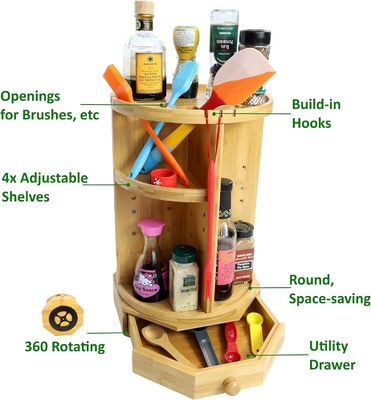 202407 Prateleiras e gavetas ajustáveis Bambus Organizador de maquiagem giratório Itens domésticos