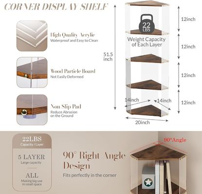 Estante de armazenamento multiuso com estantes de exibição de canto acrílico e de madeira