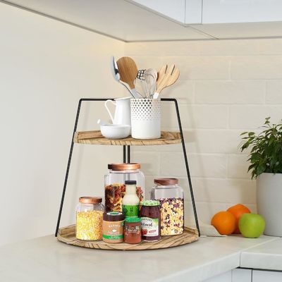 Organizador de balcão de banheiro de madeira 2 nível Prateleira de canto para armazenamento e organização