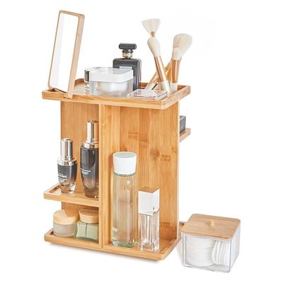 Organizador de maquiagem de madeira de bambu esculpida e armazenamento de cuidados com a pele para uma vaidade livre de confusão