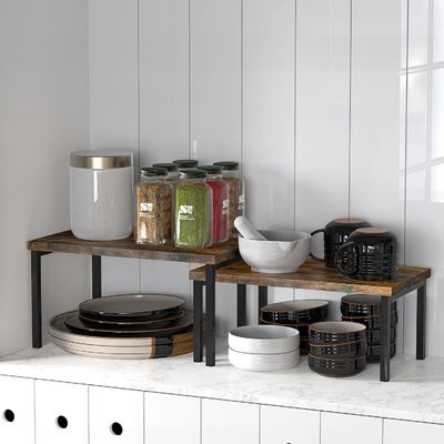 Availbale OEM ODM Conjunto de 2 prateleiras expansíveis em castanho rústico para poupar espaço