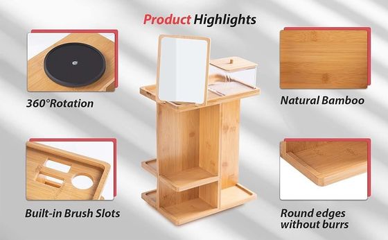 Organizador de maquiagem de madeira de bambu esculpida e armazenamento de cuidados com a pele para uma vaidade livre de confusão