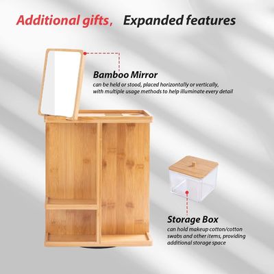 Organizador de maquiagem de madeira de bambu esculpida e armazenamento de cuidados com a pele para uma vaidade livre de confusão