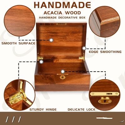 Caixa de armazenamento de madeira maciça de acácia feita à mão com tampa dobrada ideal para embalagens de presentes