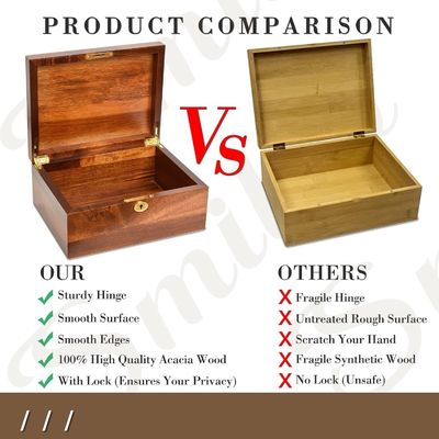 Caixa de armazenamento de madeira maciça de acácia feita à mão com tampa dobrada ideal para embalagens de presentes