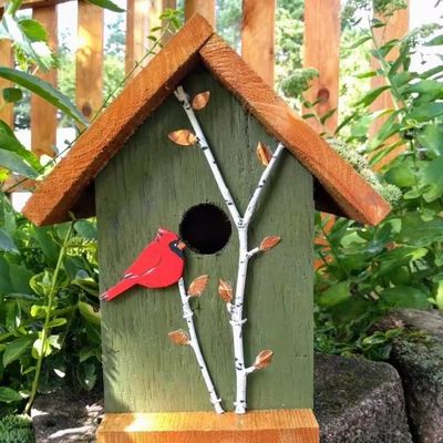 Cardeal pintado à mão e árvores de bétula madeira pájaro para conservacionistas de aves