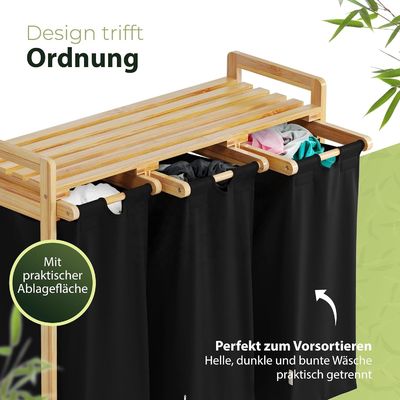 24x13x22cm Cesto de roupa de bambu feito à mão com sacos deslizantes removíveis de duas seções