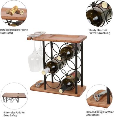 Estante de vinho de mesa de madeira em relevo com bandeja feita à mão contém 6 garrafas e 2 copos