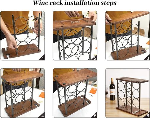 Estante de vinho de mesa de madeira em relevo com bandeja feita à mão contém 6 garrafas e 2 copos