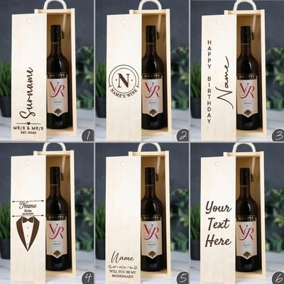 Caixa de vinho personalizada tipo madeira com desenho gravado a laser e inserções acrílicas