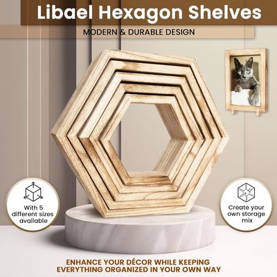 Conjunto de 5 prateleiras flutuantes hexagonais com design personalizado e quadro fotográfico