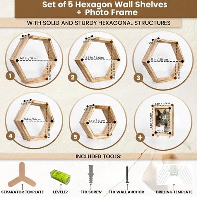 Conjunto de 5 prateleiras flutuantes hexagonais com design personalizado e quadro fotográfico