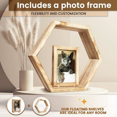 Conjunto de 5 prateleiras flutuantes hexagonais com design personalizado e quadro fotográfico