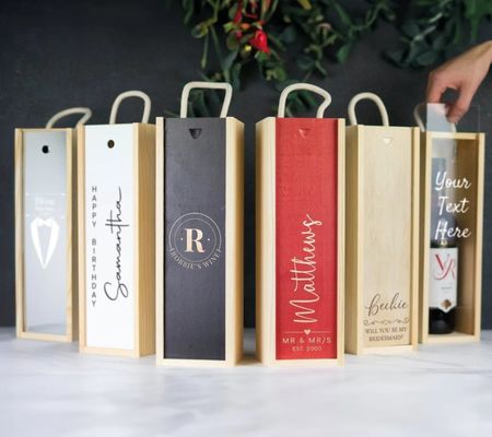 Caixa de vinho de madeira feita à mão com gravura a laser personalizada e tampa deslizante personalizada