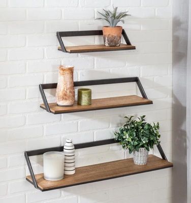 Logotipo personalizado Decoração de casa Conjunto de 3 prateleiras de parede de madeira preta / natural Prateleiras de exibição pendurada