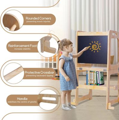 Logotipo personalizado Aceitável de madeira para bebê Ajustável de altura Torre auxiliar para aprendizagem de cozinha