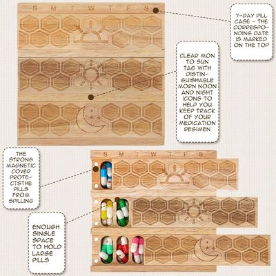Compacto de madeira Organizador de pílulas semanais Portador Dispensador diário Dispensador de pílulas Dispensador de pílulas