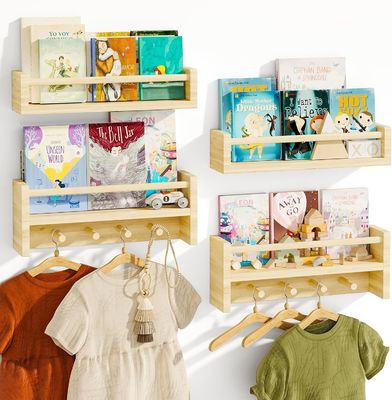 Gavetas de madeira Estante de livros de madeira natural Estantes montados na parede para armazenamento de decoração de berçário